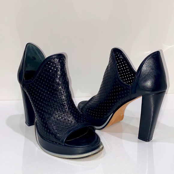 Beau Coops Italy Black Perforated Leather Block Heel Open Toe Bootie Size 37 EUC - Picture 3 of 16